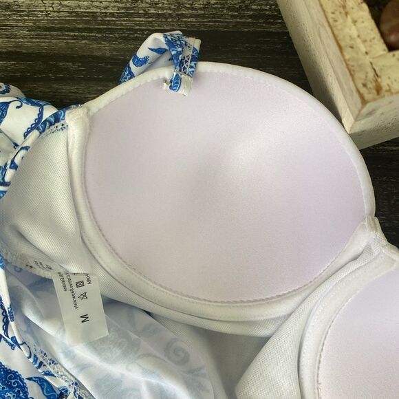 Blue & White Floral Print Contour Underwire 1 Piece Bathing Swim Suit NEW M - Picture 4 of 6